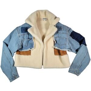 BIDA Cottagecore Patchwork Sherpa Denim Jacket Womens Small Cropped Upcycled